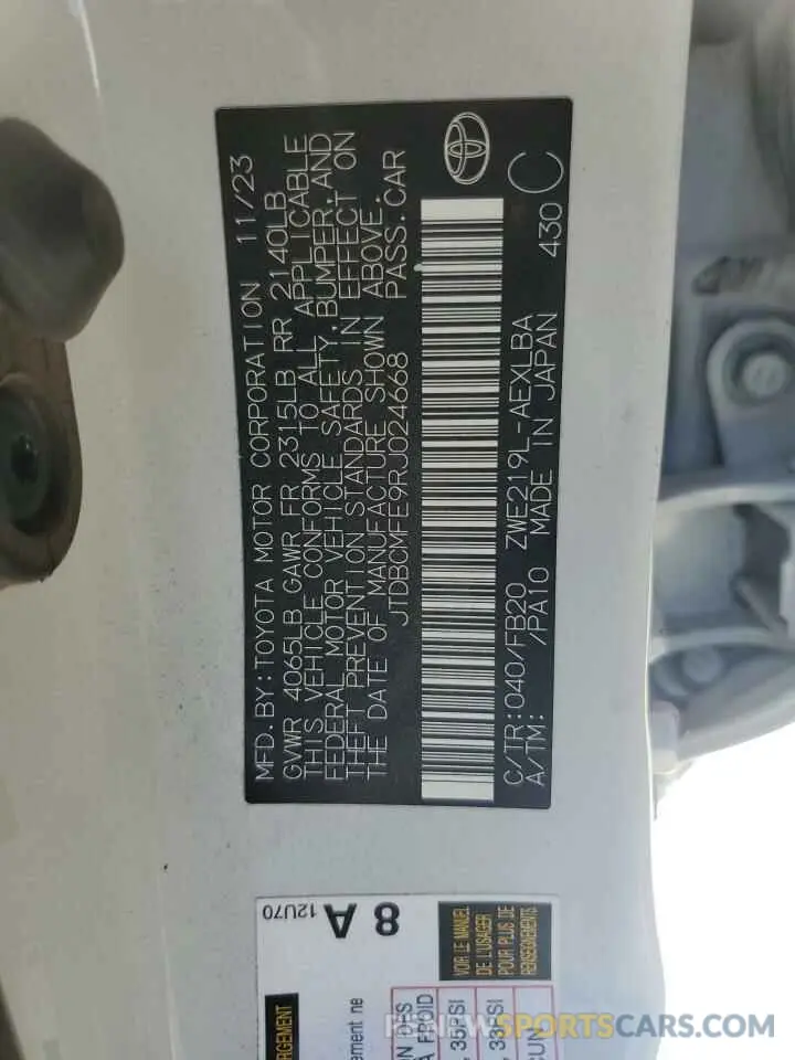 12 fotografías del automóvil dañado JTDBCMFE9RJ024668 TOYOTA COROLLA 2024