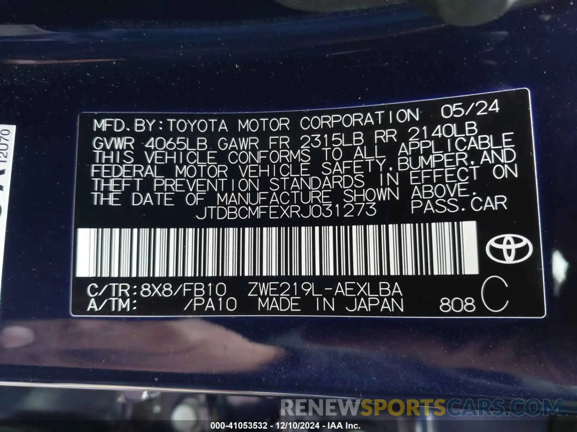 9 fotografías del automóvil dañado JTDBCMFEXRJ031273 TOYOTA COROLLA 2024