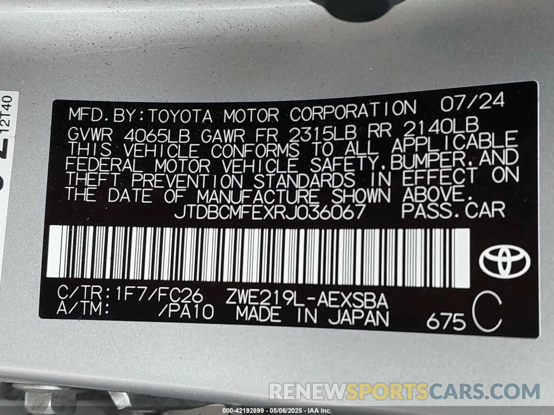 9 fotografías del automóvil dañado JTDBCMFEXRJ036067 TOYOTA COROLLA 2024