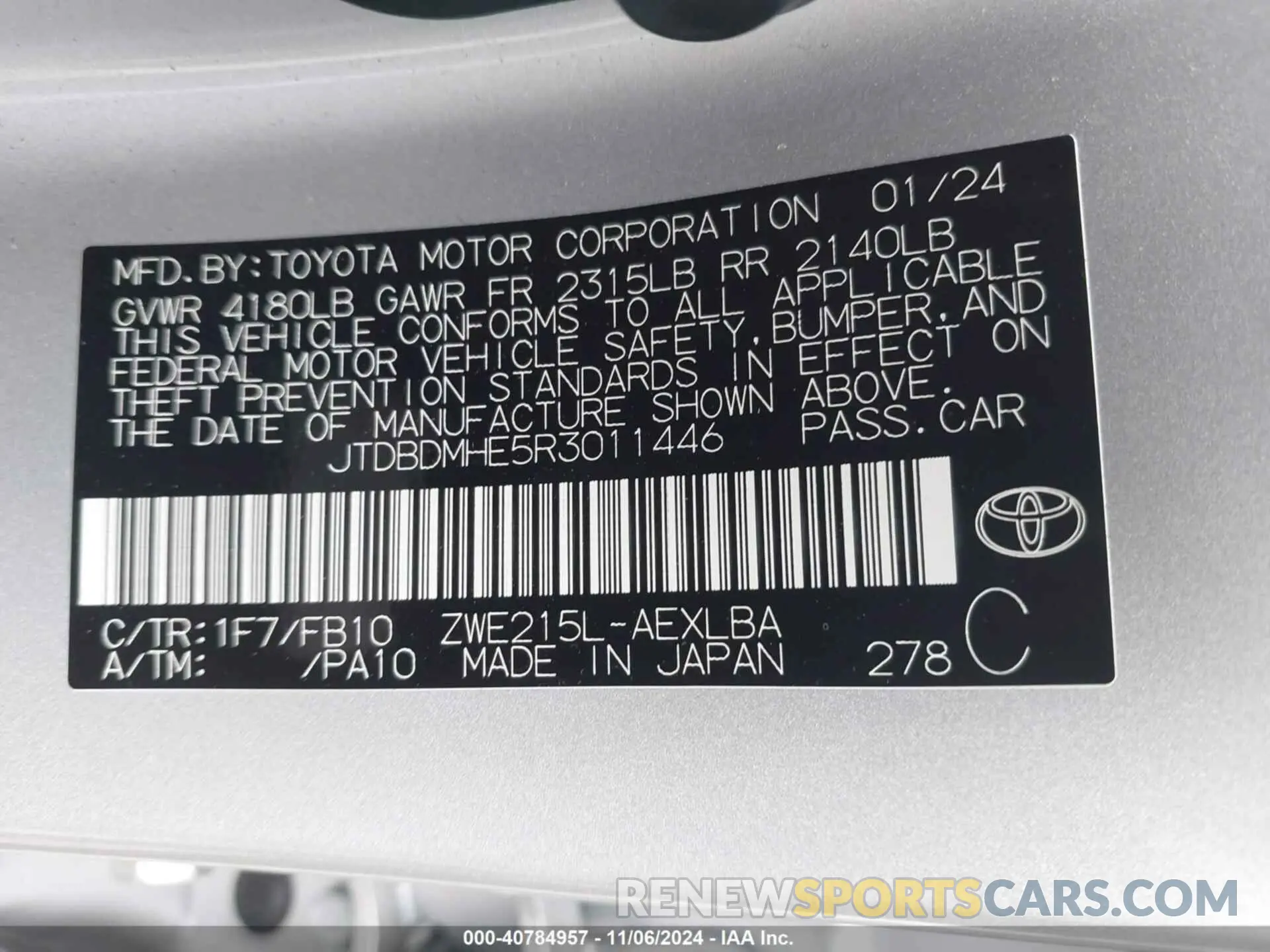 9 fotografías del automóvil dañado JTDBDMHE5R3011446 TOYOTA COROLLA 2024