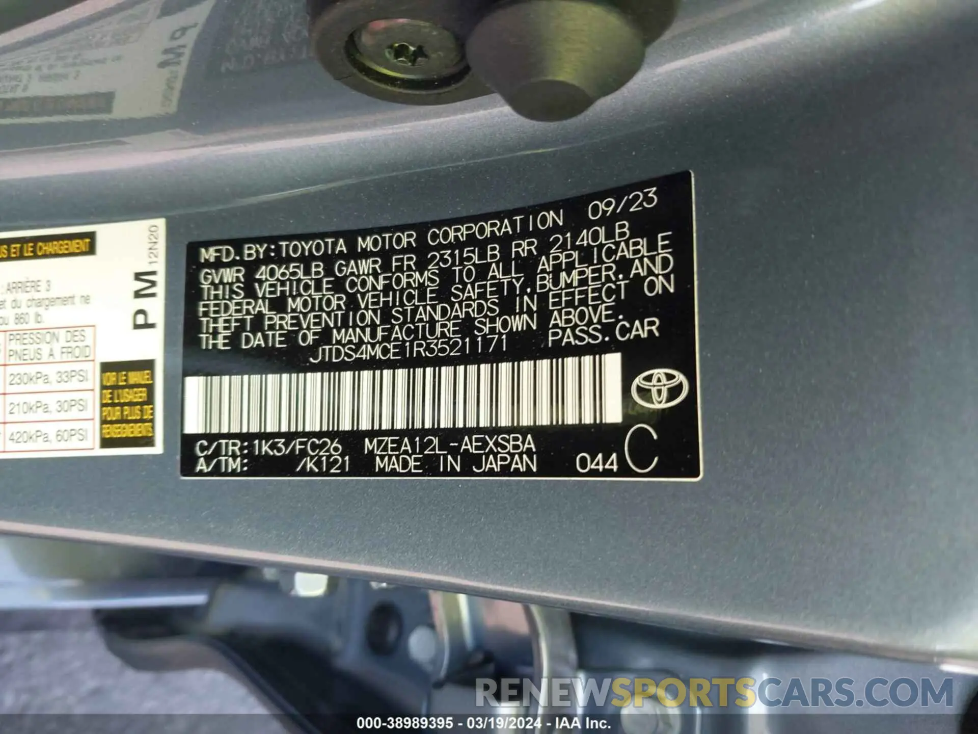 9 fotografías del automóvil dañado JTDS4MCE1R3521171 TOYOTA COROLLA 2024