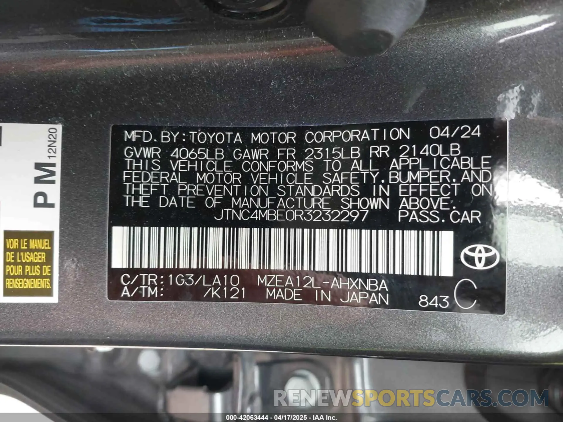 9 fotografías del automóvil dañado JTNC4MBE0R3232297 TOYOTA COROLLA 2024
