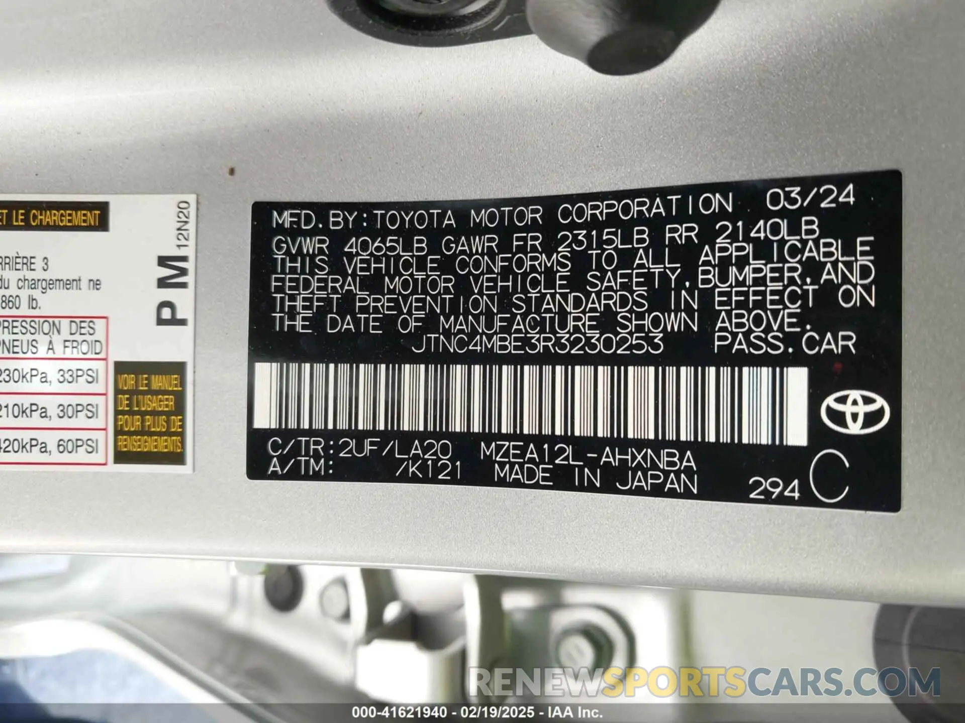9 fotografías del automóvil dañado JTNC4MBE3R3230253 TOYOTA COROLLA 2024