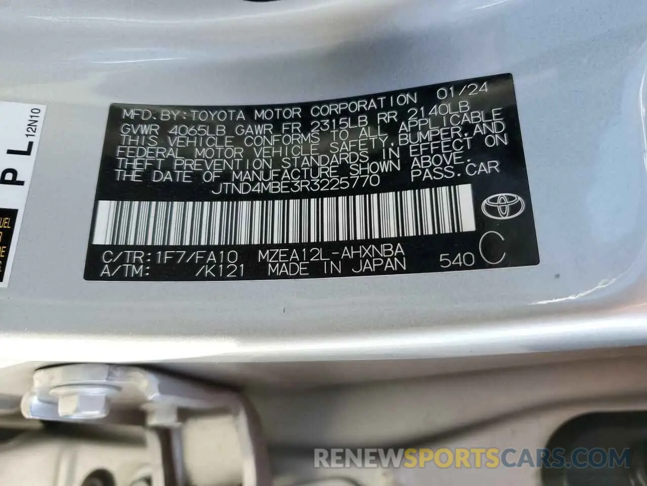 14 fotografías del automóvil dañado JTND4MBE3R3225770 TOYOTA COROLLA 2024