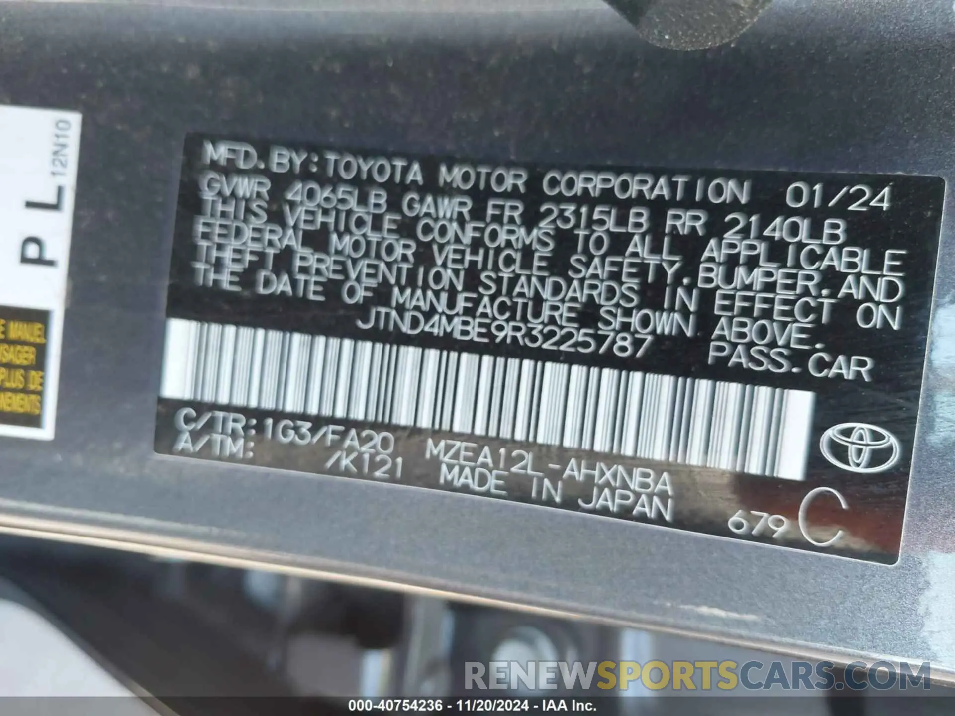 9 fotografías del automóvil dañado JTND4MBE9R3225787 TOYOTA COROLLA 2024