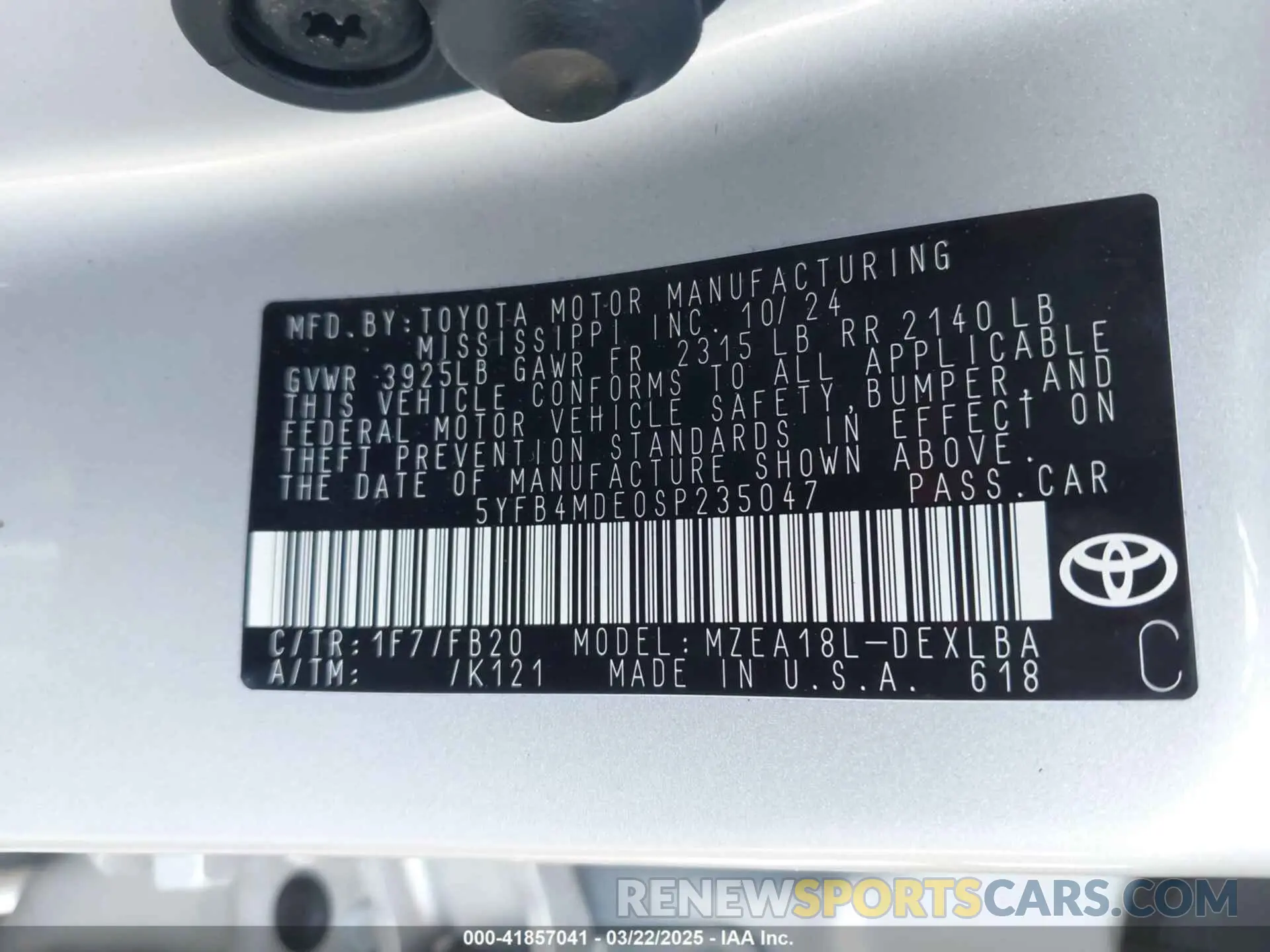 9 fotografías del automóvil dañado 5YFB4MDE0SP235047 TOYOTA COROLLA 2025