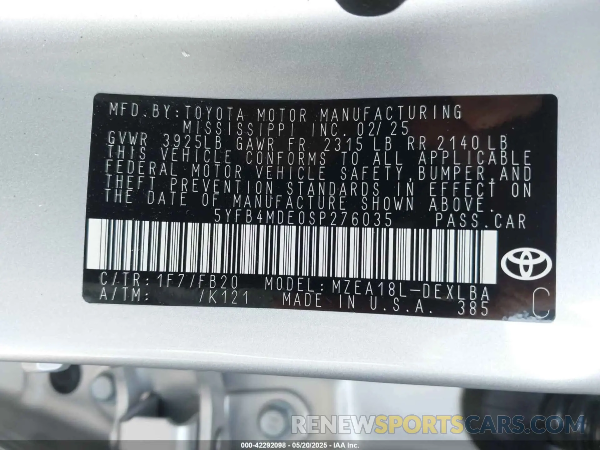 7 fotografías del automóvil dañado 5YFB4MDE0SP276035 TOYOTA COROLLA 2025