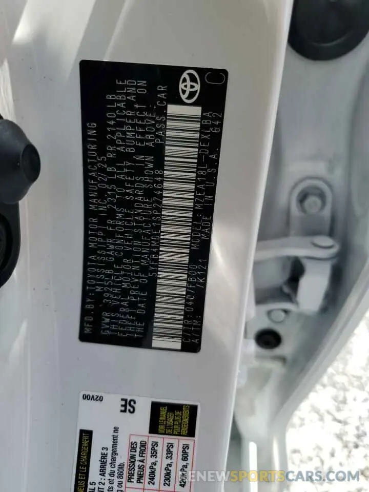 12 fotografías del automóvil dañado 5YFB4MDE1SP274648 TOYOTA COROLLA 2025