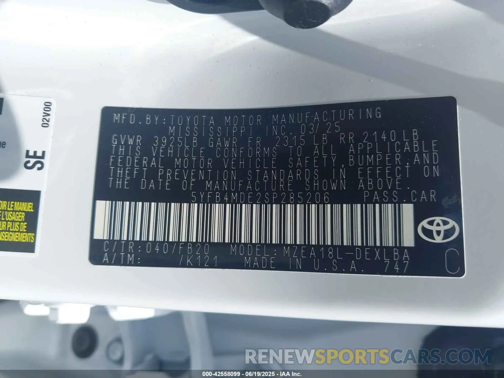 9 fotografías del automóvil dañado 5YFB4MDE2SP285206 TOYOTA COROLLA 2025