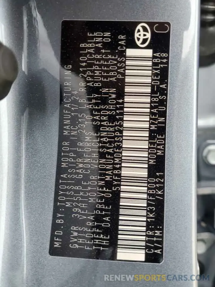 12 fotografías del automóvil dañado 5YFB4MDE3SP251114 TOYOTA COROLLA 2025