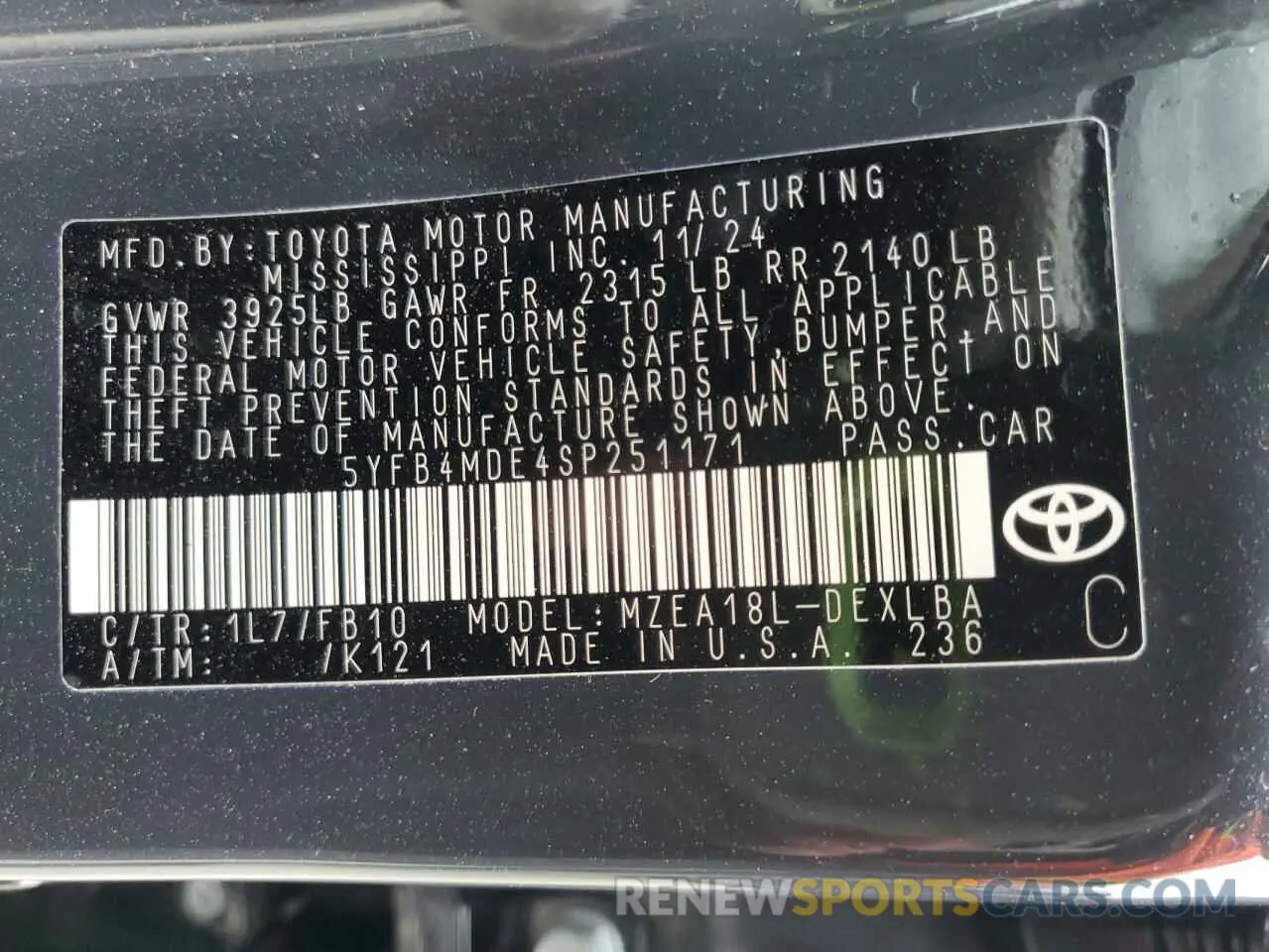 12 fotografías del automóvil dañado 5YFB4MDE4SP251171 TOYOTA COROLLA 2025