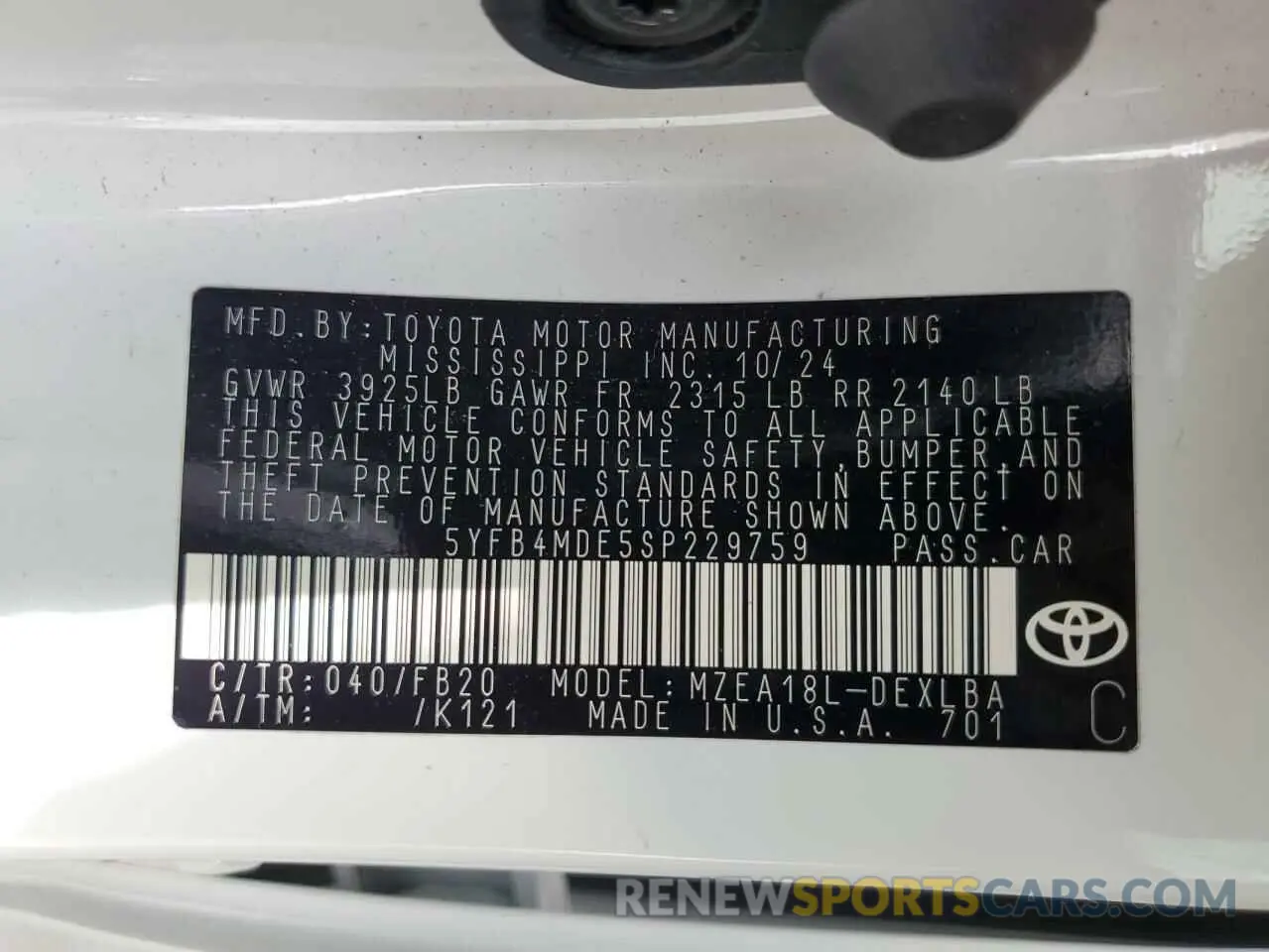 14 fotografías del automóvil dañado 5YFB4MDE5SP229759 TOYOTA COROLLA 2025