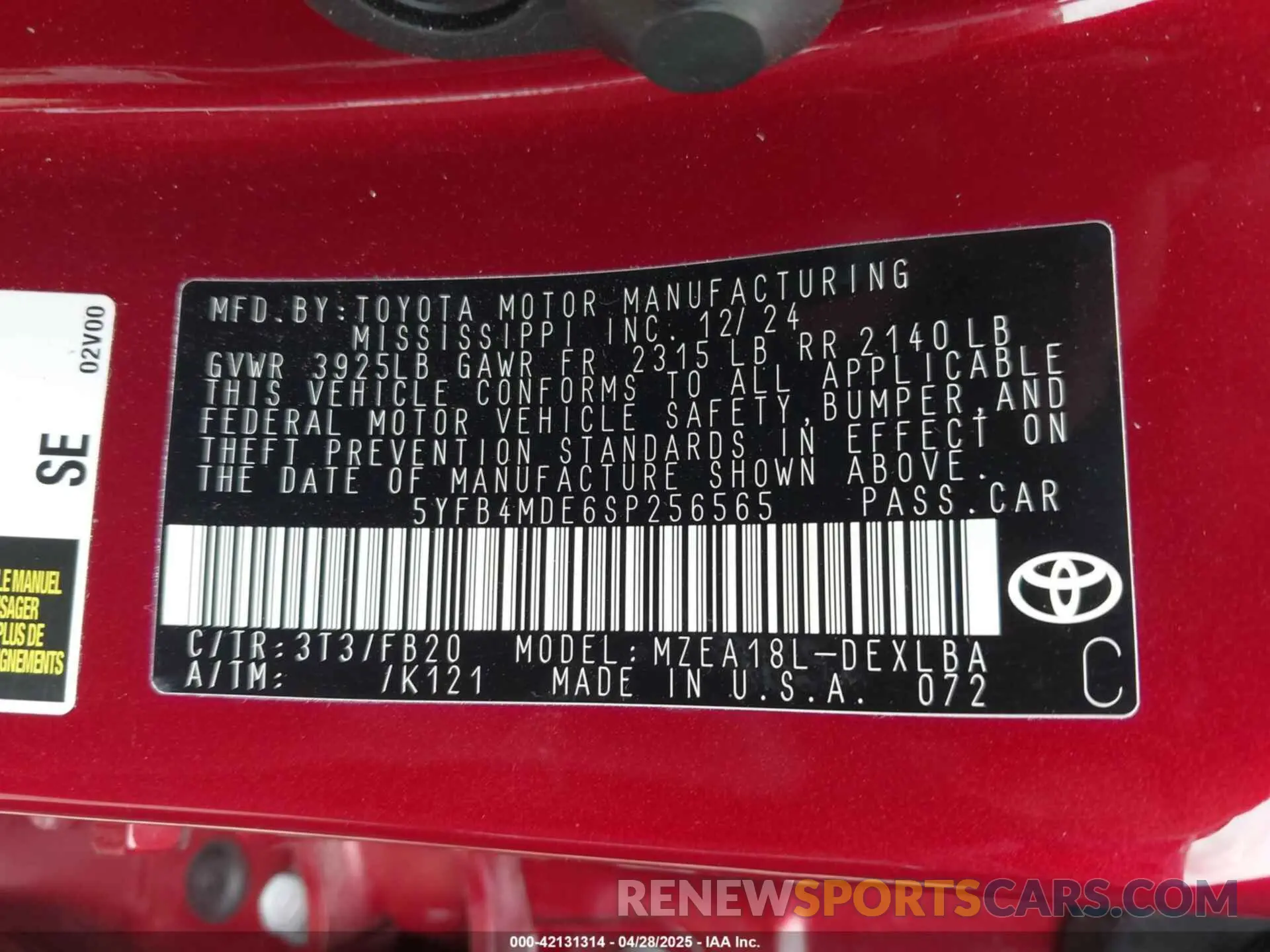 9 fotografías del automóvil dañado 5YFB4MDE6SP256565 TOYOTA COROLLA 2025