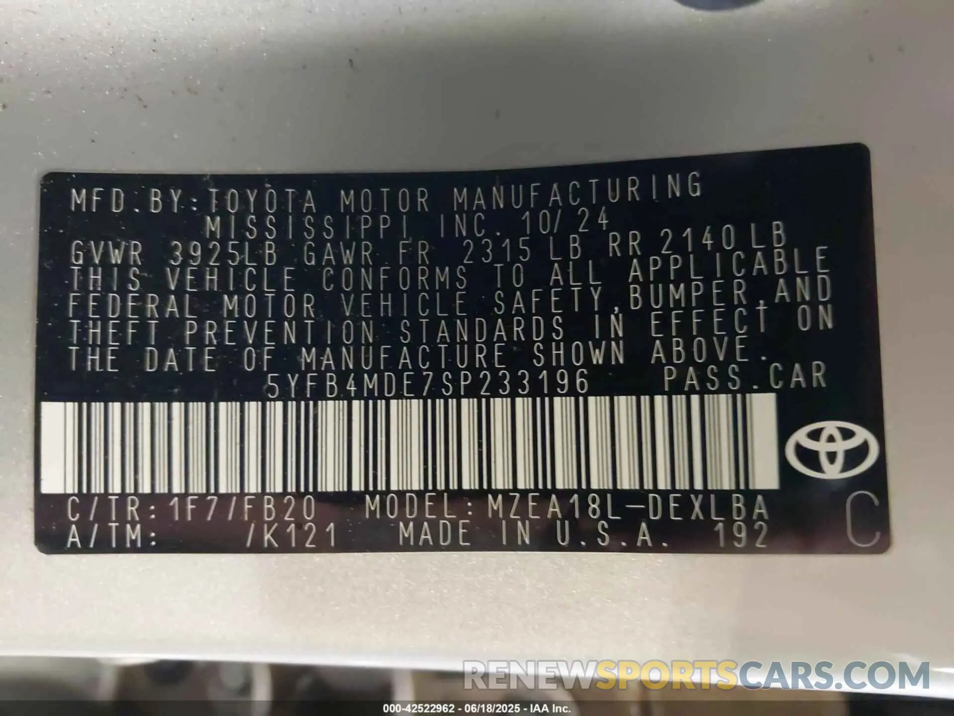 9 fotografías del automóvil dañado 5YFB4MDE7SP233196 TOYOTA COROLLA 2025
