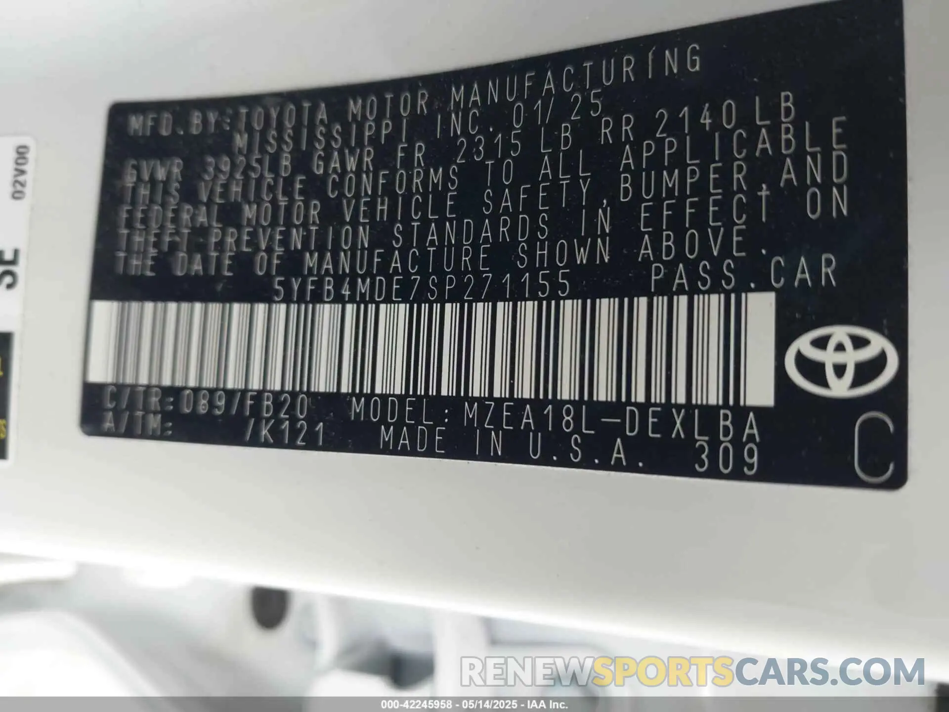 9 fotografías del automóvil dañado 5YFB4MDE7SP271155 TOYOTA COROLLA 2025