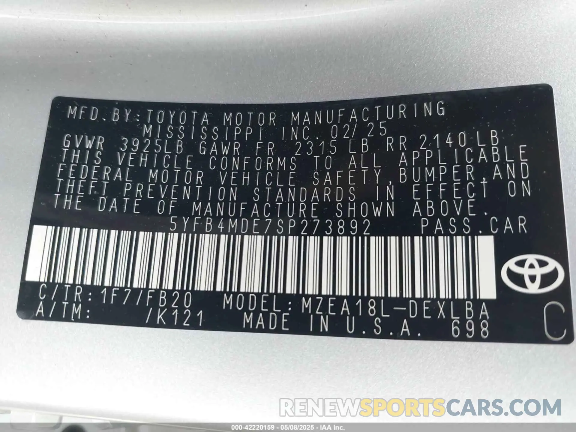 9 fotografías del automóvil dañado 5YFB4MDE7SP273892 TOYOTA COROLLA 2025