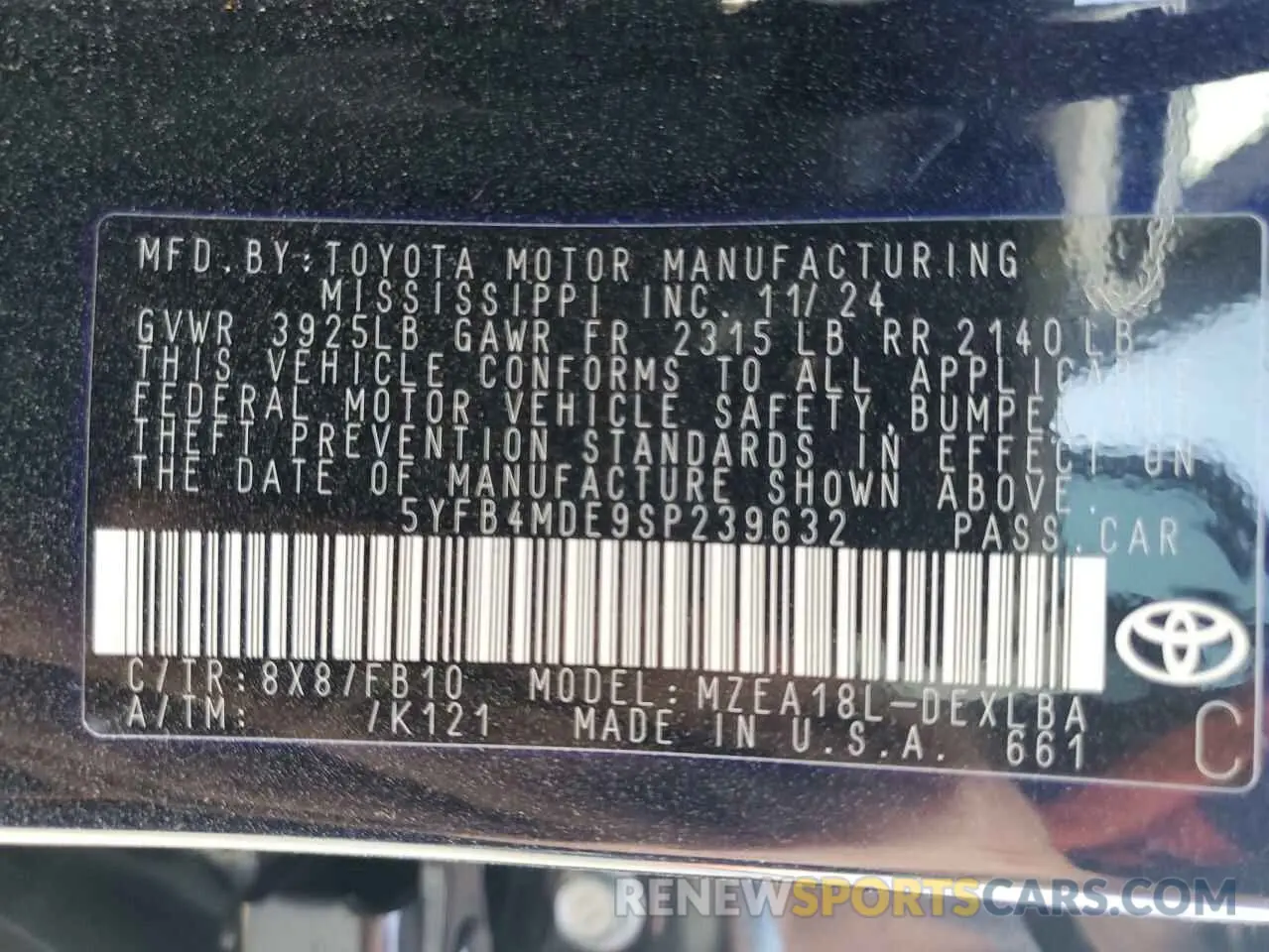 12 fotografías del automóvil dañado 5YFB4MDE9SP239632 TOYOTA COROLLA 2025