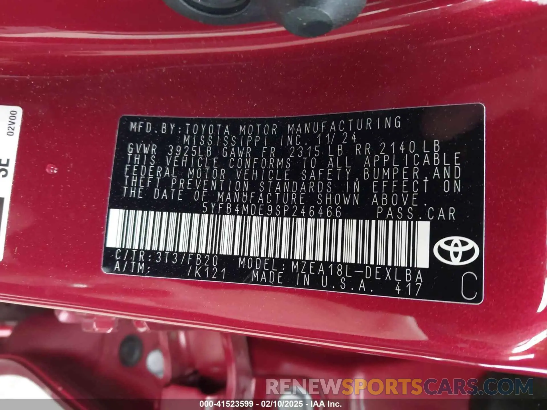 9 fotografías del automóvil dañado 5YFB4MDE9SP246466 TOYOTA COROLLA 2025
