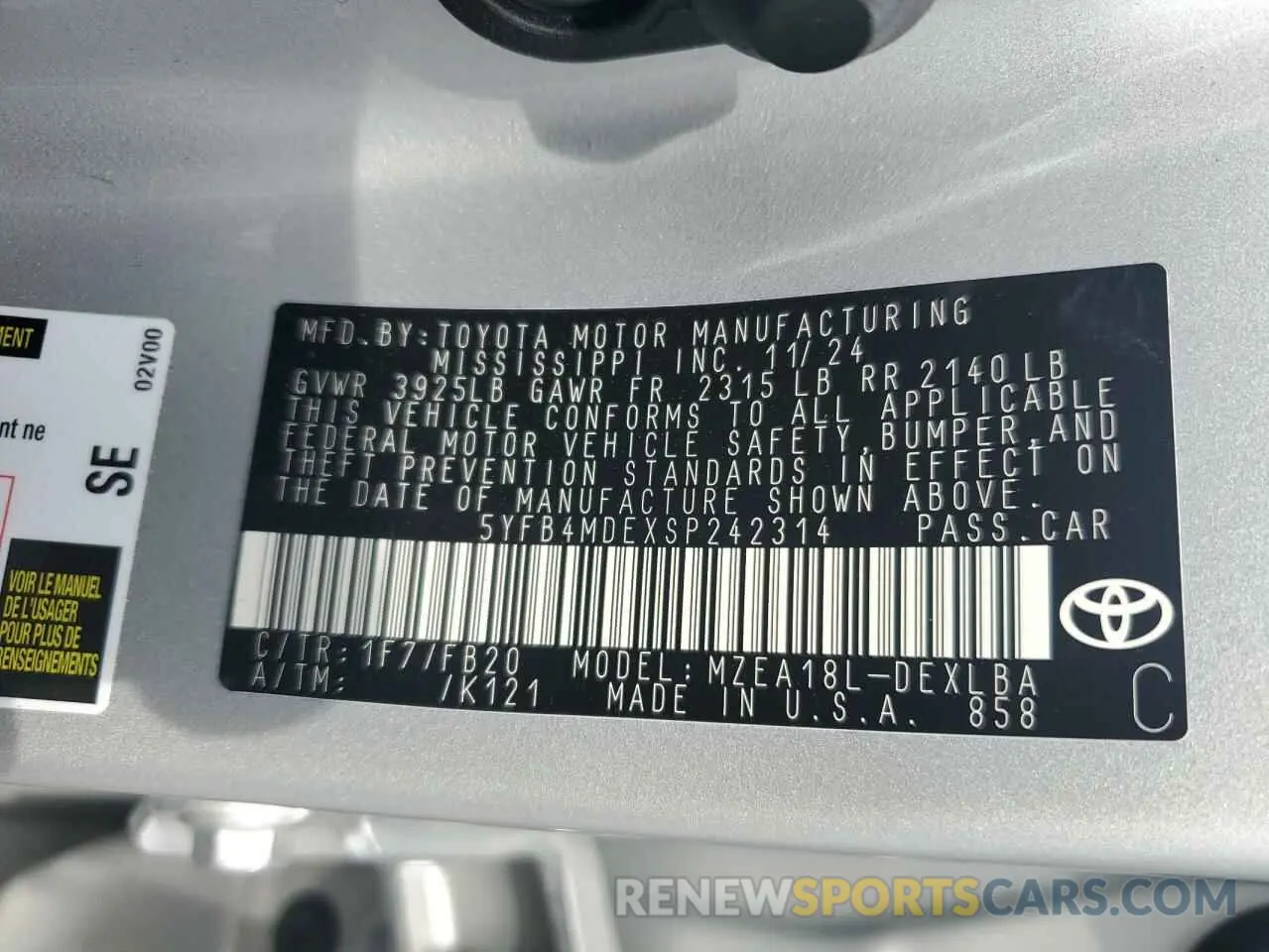 12 fotografías del automóvil dañado 5YFB4MDEXSP242314 TOYOTA COROLLA 2025