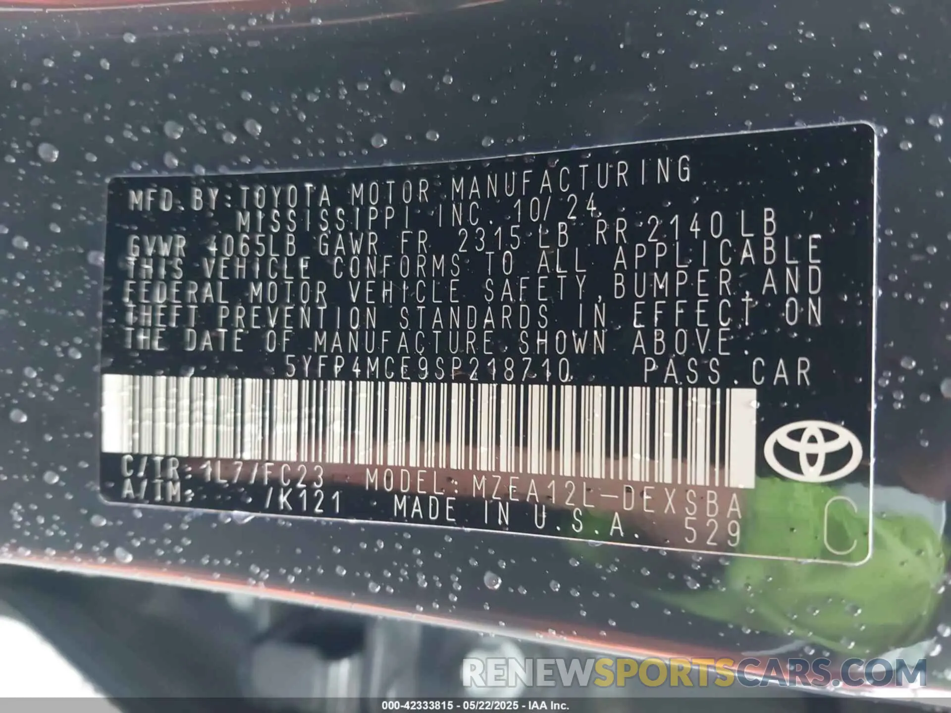 9 fotografías del automóvil dañado 5YFP4MCE9SP218710 TOYOTA COROLLA 2025