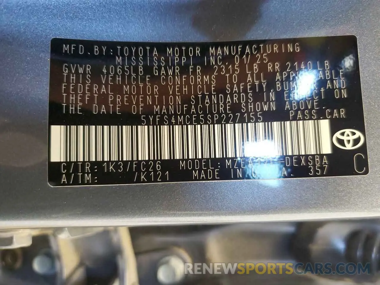 12 fotografías del automóvil dañado 5YFS4MCE5SP227155 TOYOTA COROLLA 2025