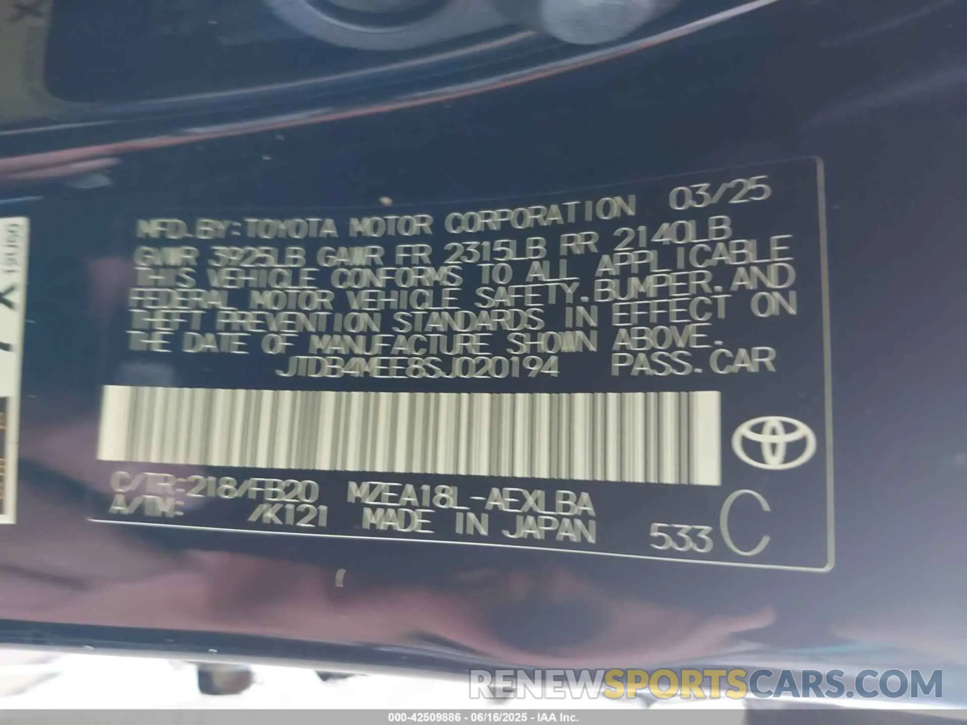 9 fotografías del automóvil dañado JTDB4MEE8SJ020194 TOYOTA COROLLA 2025