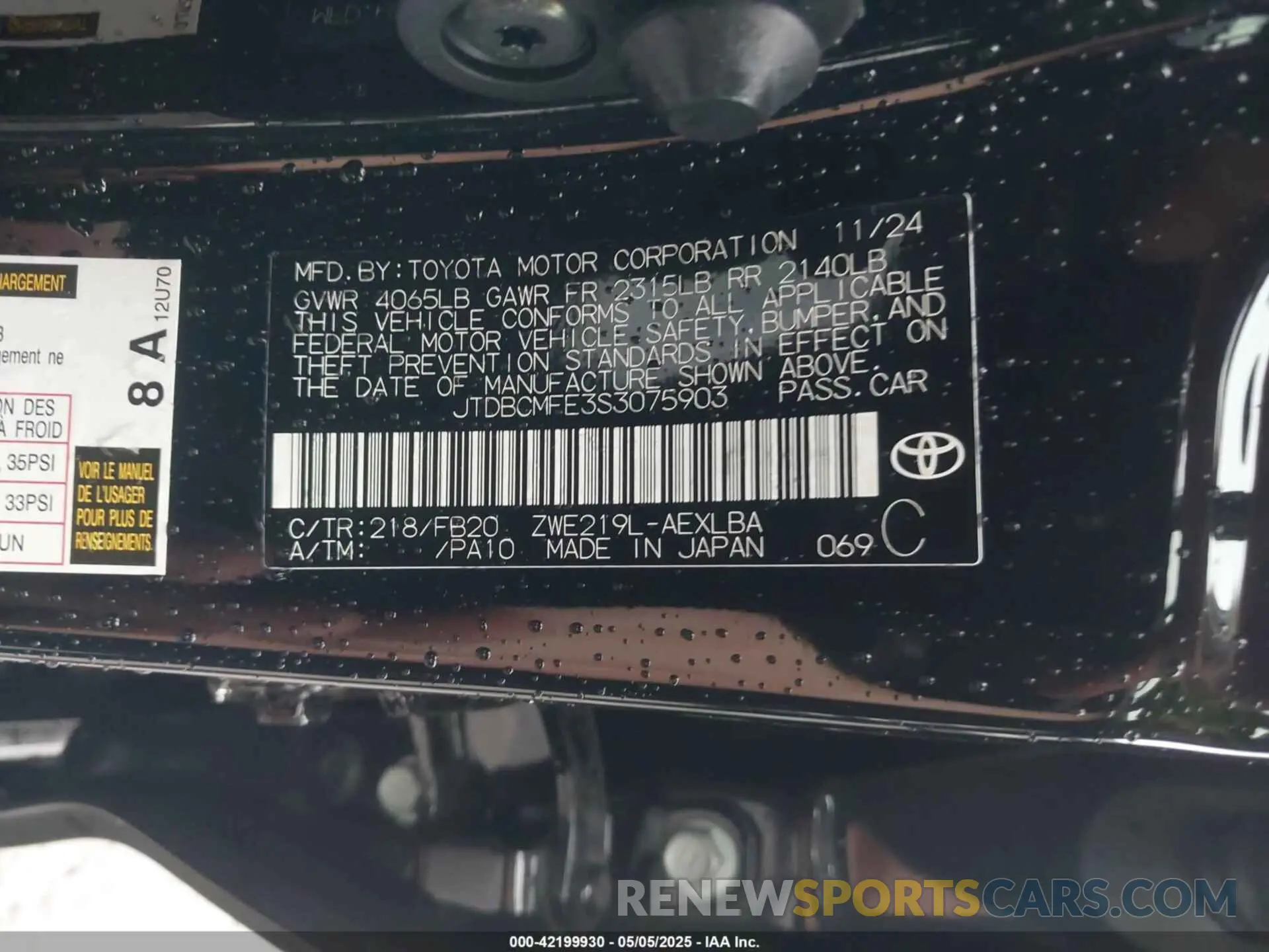 9 fotografías del automóvil dañado JTDBCMFE3S3075903 TOYOTA COROLLA 2025