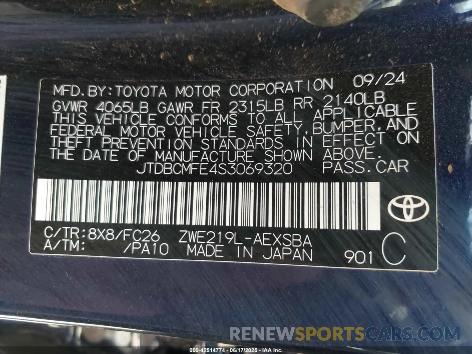 9 fotografías del automóvil dañado JTDBCMFE4S3069320 TOYOTA COROLLA 2025