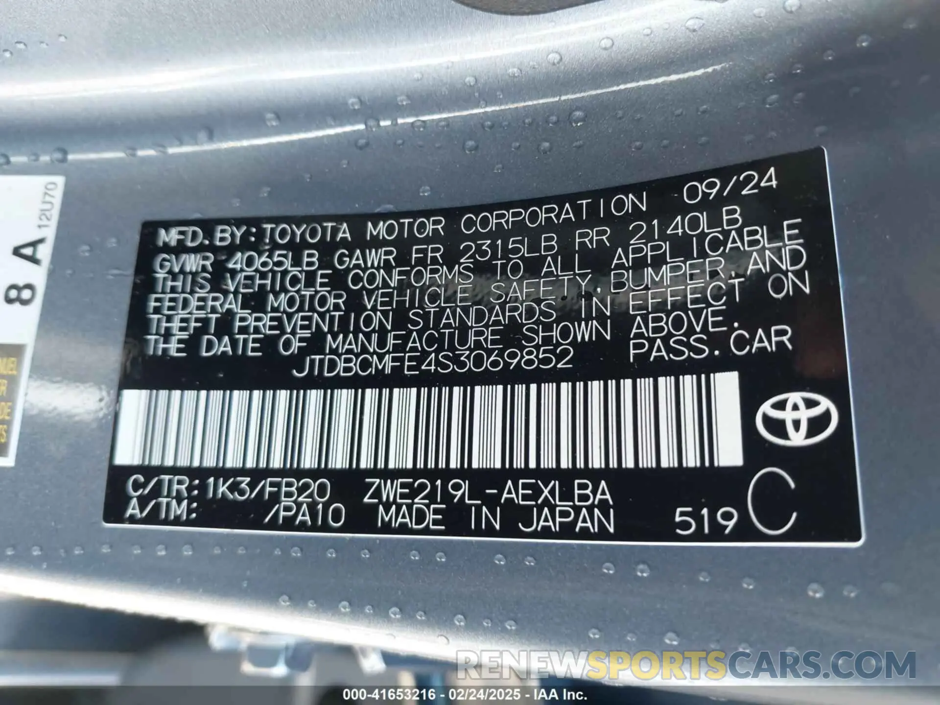9 fotografías del automóvil dañado JTDBCMFE4S3069852 TOYOTA COROLLA 2025
