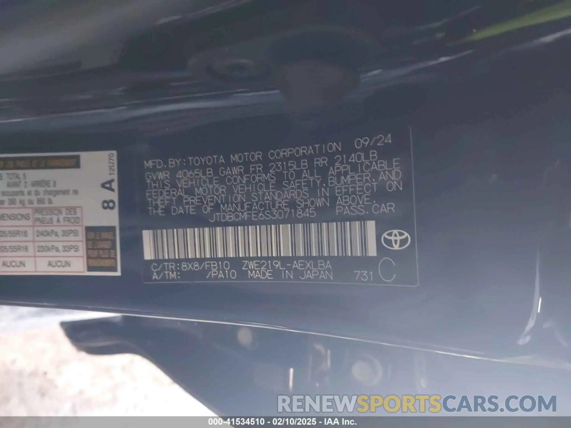 9 fotografías del automóvil dañado JTDBCMFE6S3071845 TOYOTA COROLLA 2025