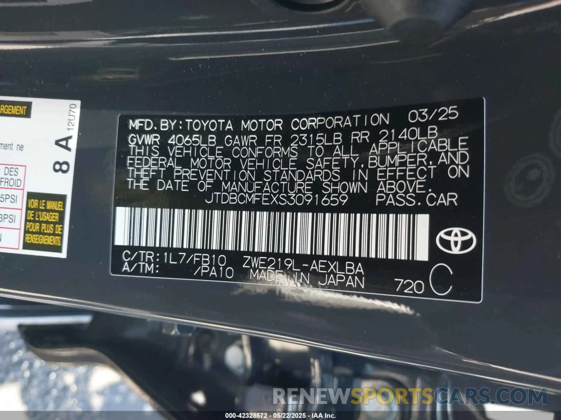 9 fotografías del automóvil dañado JTDBCMFEXS3091659 TOYOTA COROLLA 2025