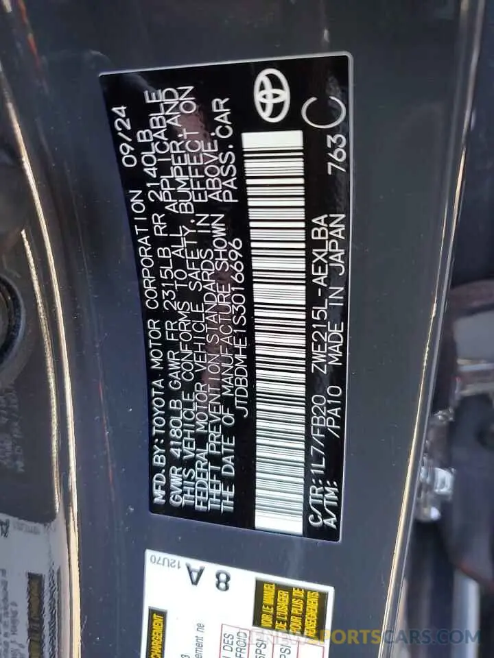 12 fotografías del automóvil dañado JTDBDMHE1S3016696 TOYOTA COROLLA 2025