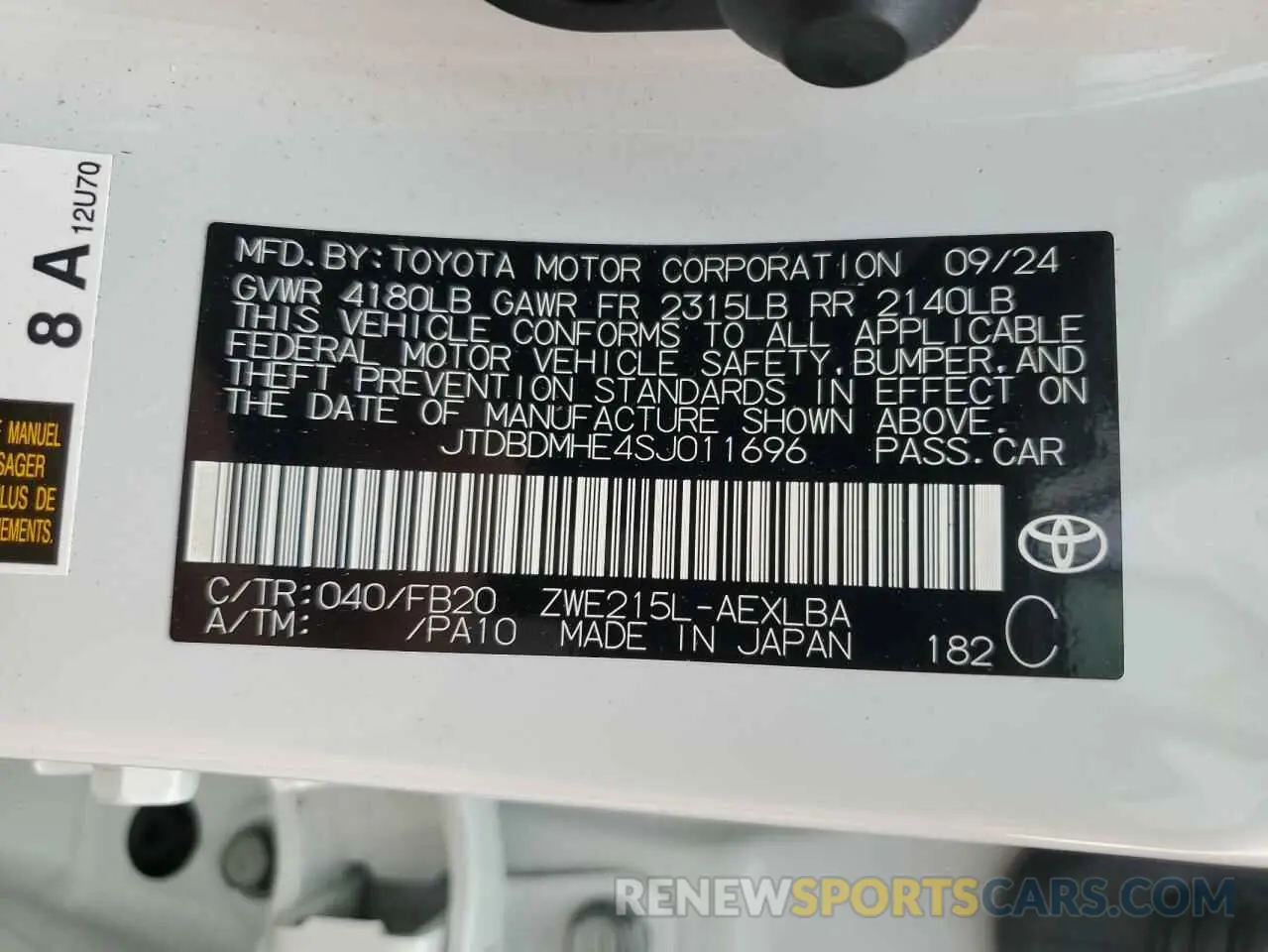 12 fotografías del automóvil dañado JTDBDMHE4SJ011696 TOYOTA COROLLA 2025