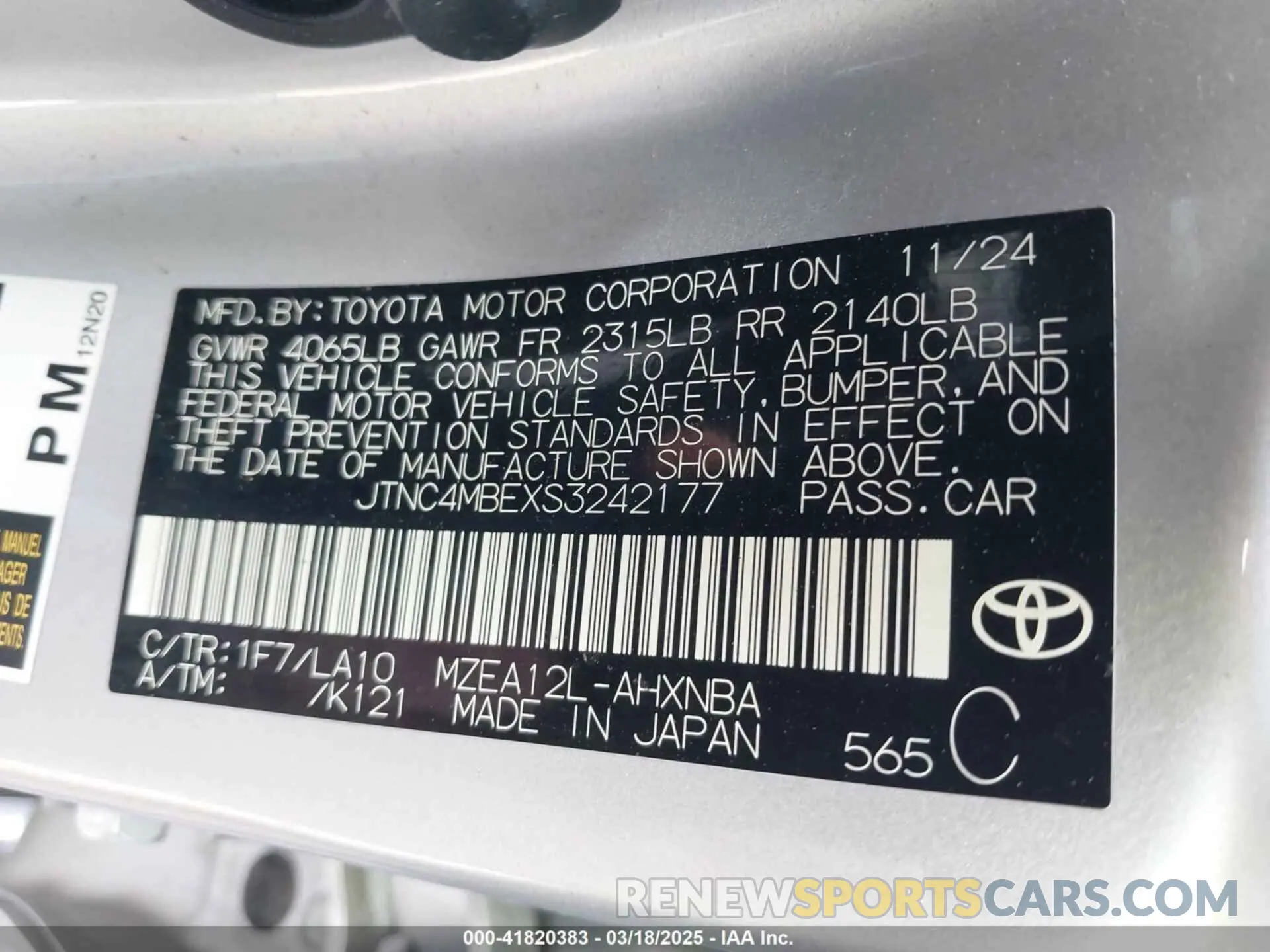 9 fotografías del automóvil dañado JTNC4MBEXS3242177 TOYOTA COROLLA 2025