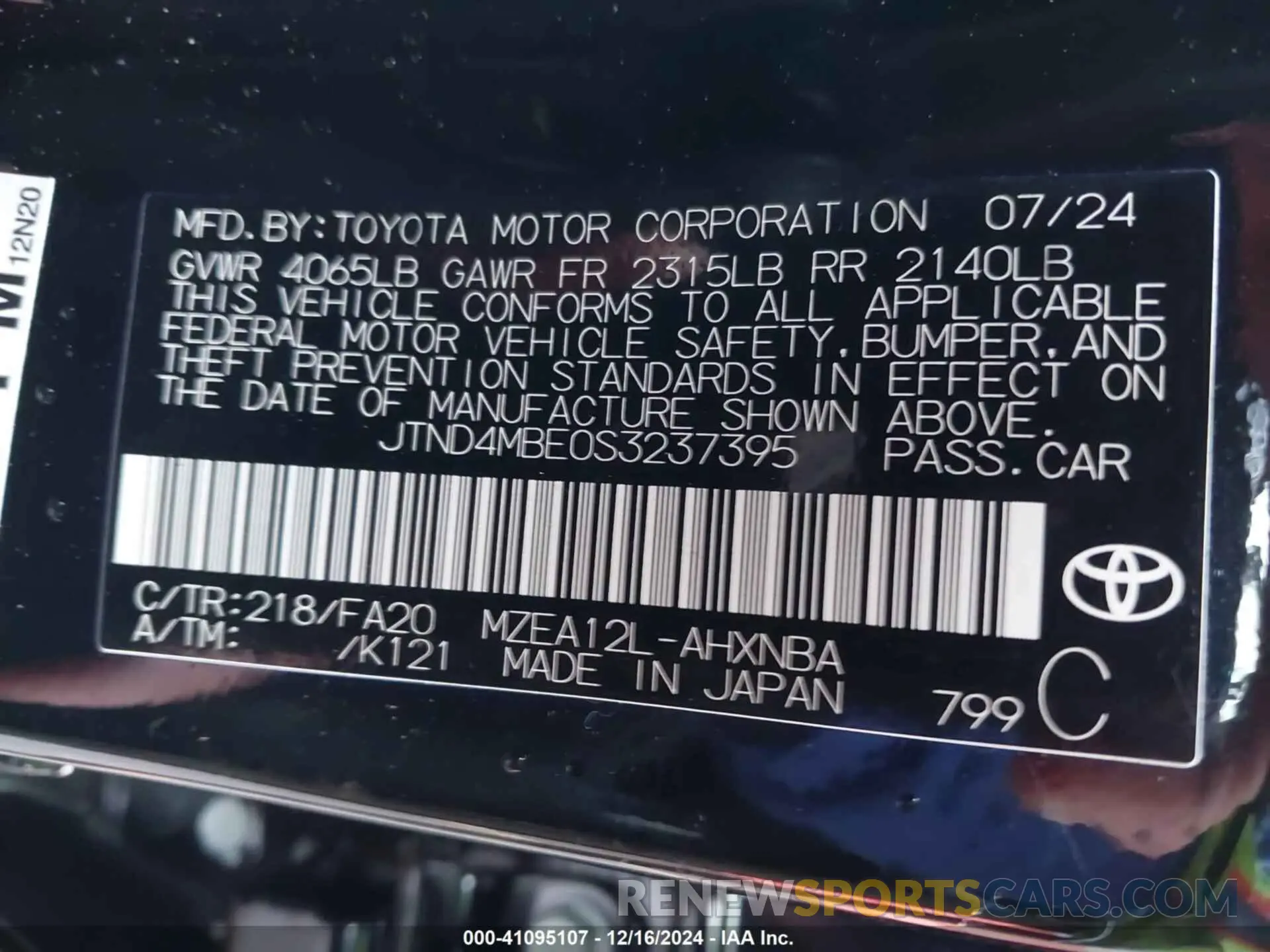 9 fotografías del automóvil dañado JTND4MBE0S3237395 TOYOTA COROLLA 2025