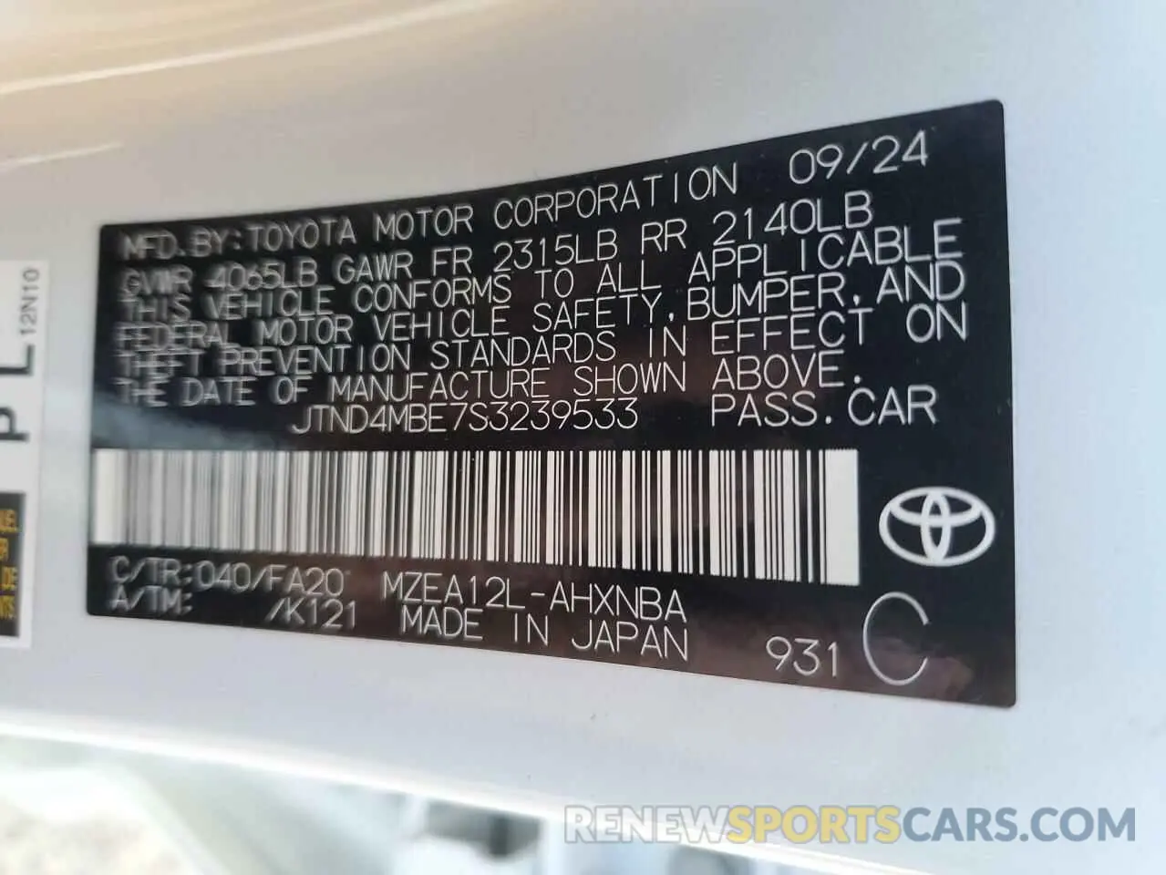 12 fotografías del automóvil dañado JTND4MBE7S3239533 TOYOTA COROLLA 2025