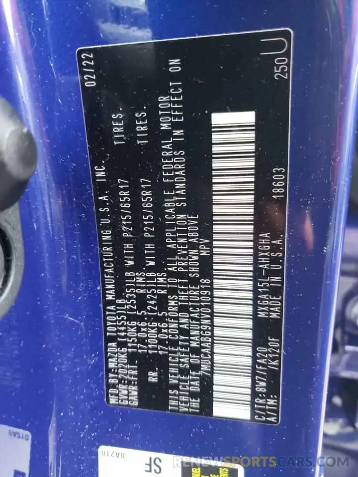 10 fotografías del automóvil dañado 7MUCAABG9NV010918 TOYOTA COROLLA CR 2022