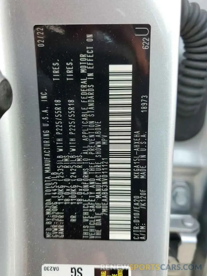 10 fotografías del automóvil dañado 7MUEAABG3NV011121 TOYOTA COROLLA CR 2022