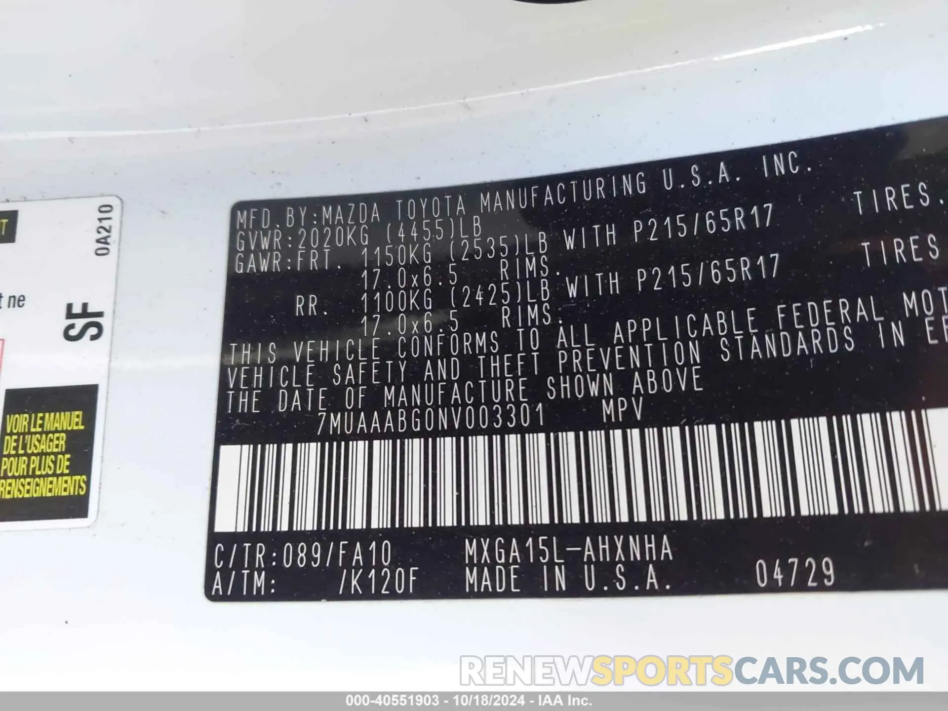 9 fotografías del automóvil dañado 7MUAAABG0NV003301 TOYOTA COROLLA CROSS 2022