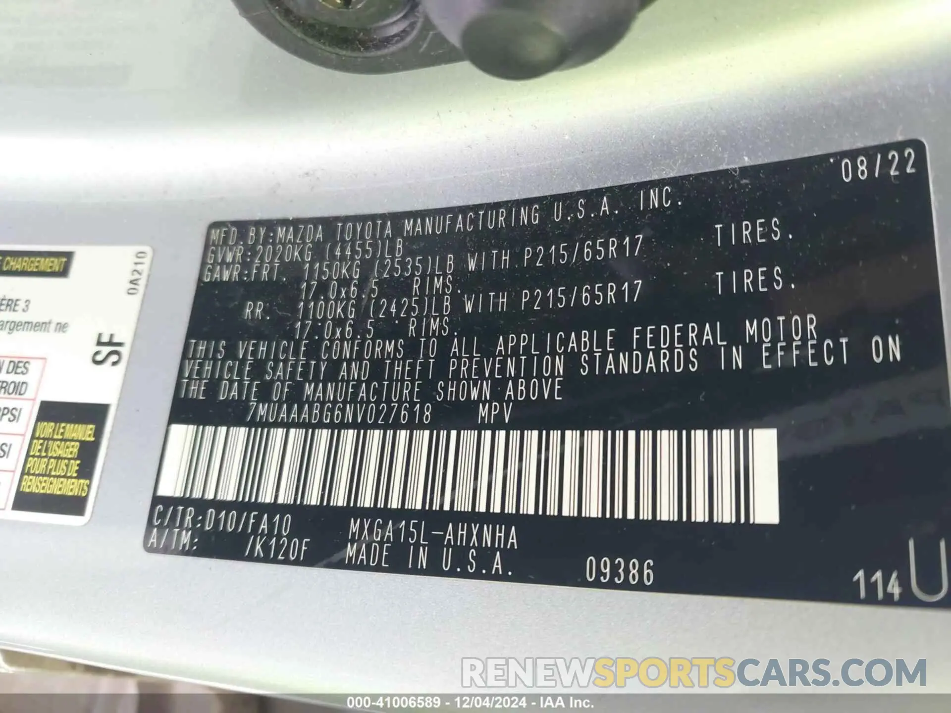 9 fotografías del automóvil dañado 7MUAAABG6NV027618 TOYOTA COROLLA CROSS 2022