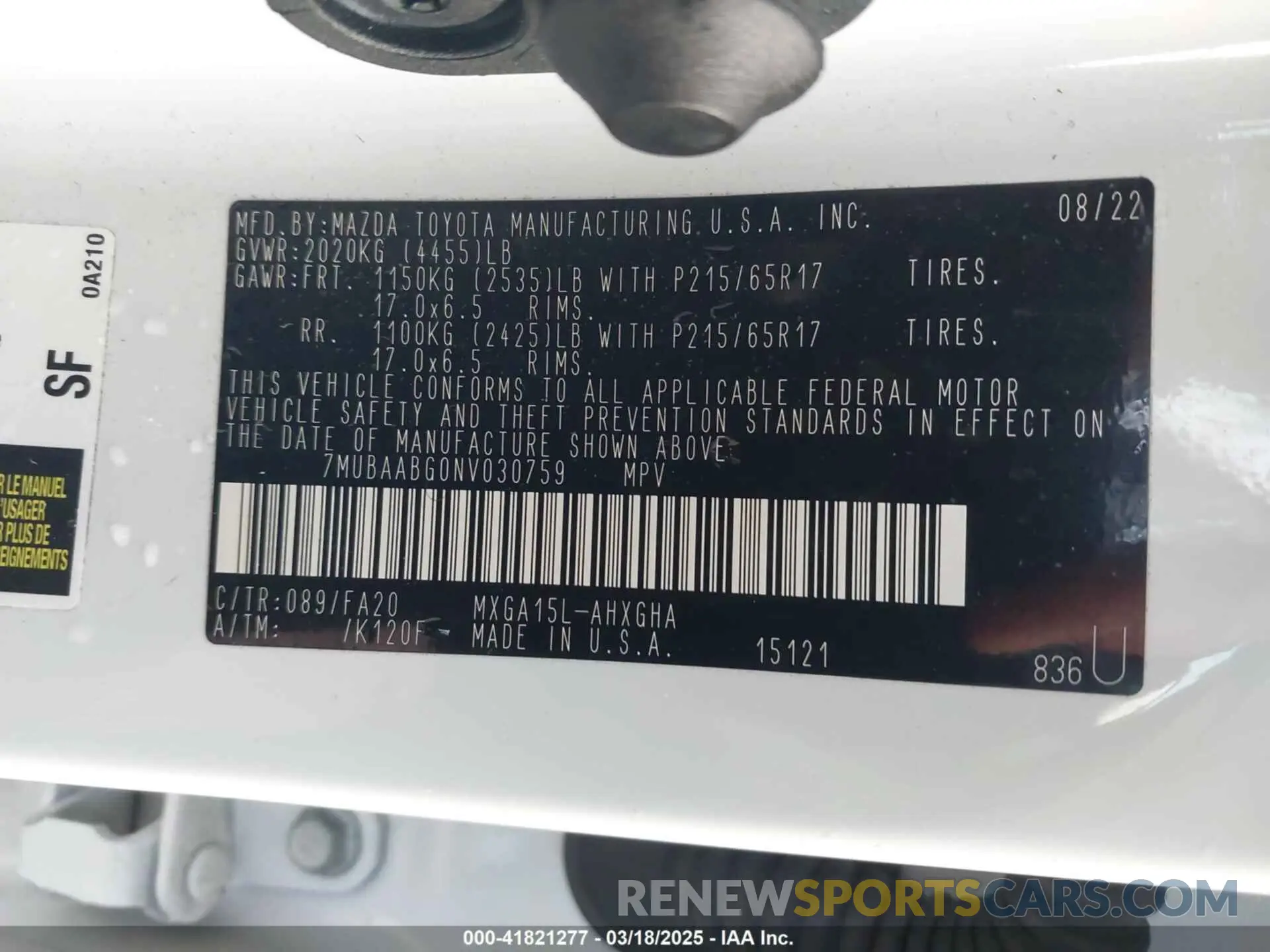 9 fotografías del automóvil dañado 7MUBAABG0NV030759 TOYOTA COROLLA CROSS 2022