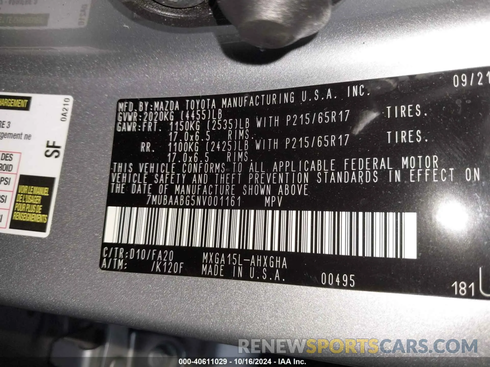 9 fotografías del automóvil dañado 7MUBAABG5NV001161 TOYOTA COROLLA CROSS 2022
