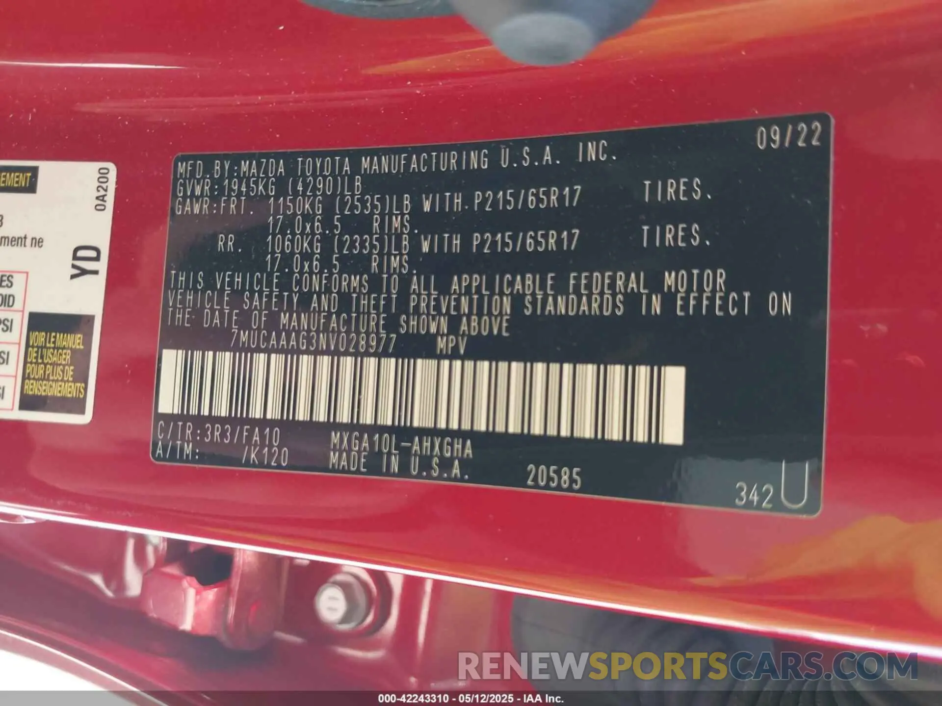 9 fotografías del automóvil dañado 7MUCAAAG3NV028977 TOYOTA COROLLA CROSS 2022