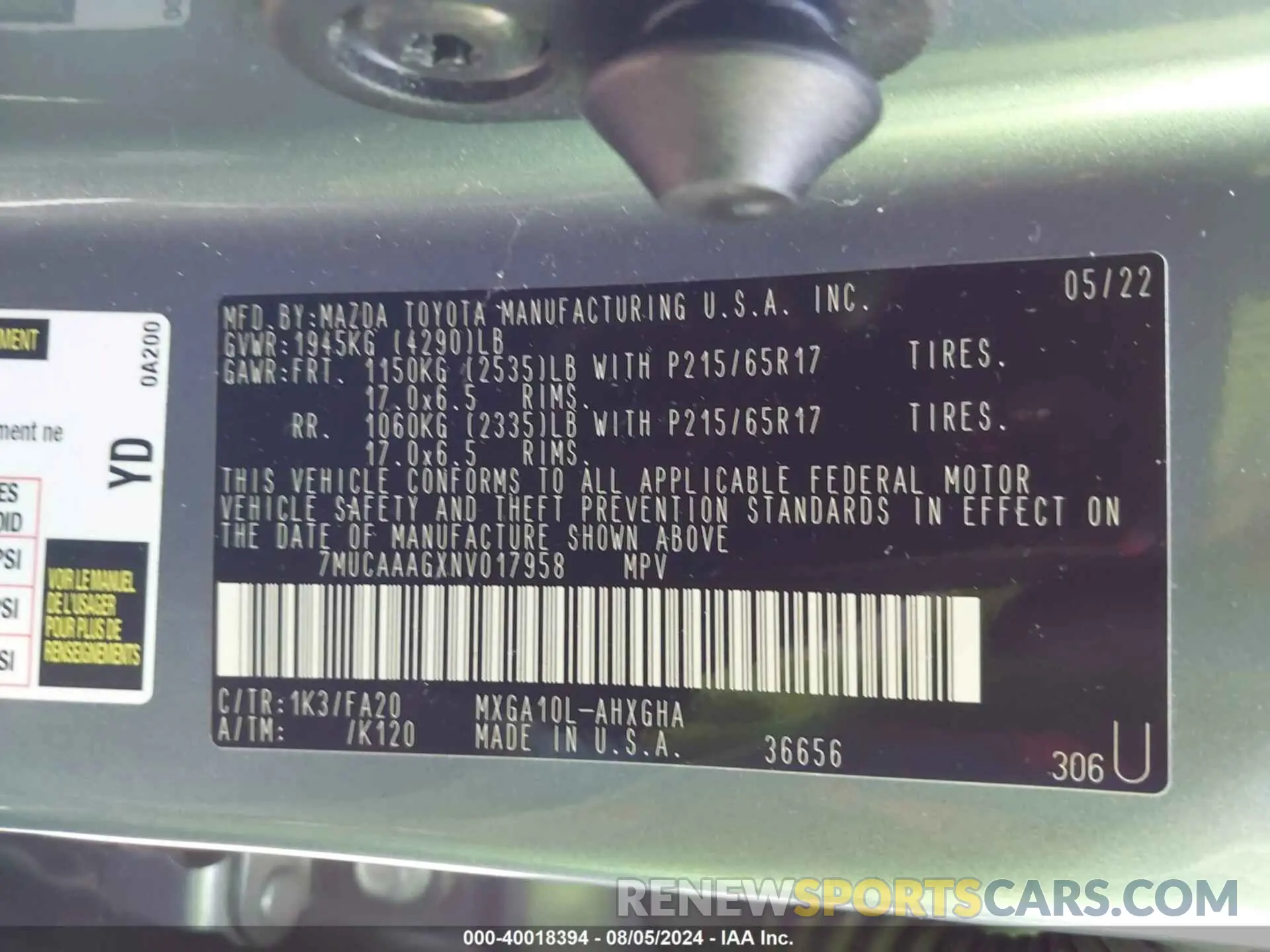 9 fotografías del automóvil dañado 7MUCAAAGXNV017958 TOYOTA COROLLA CROSS 2022