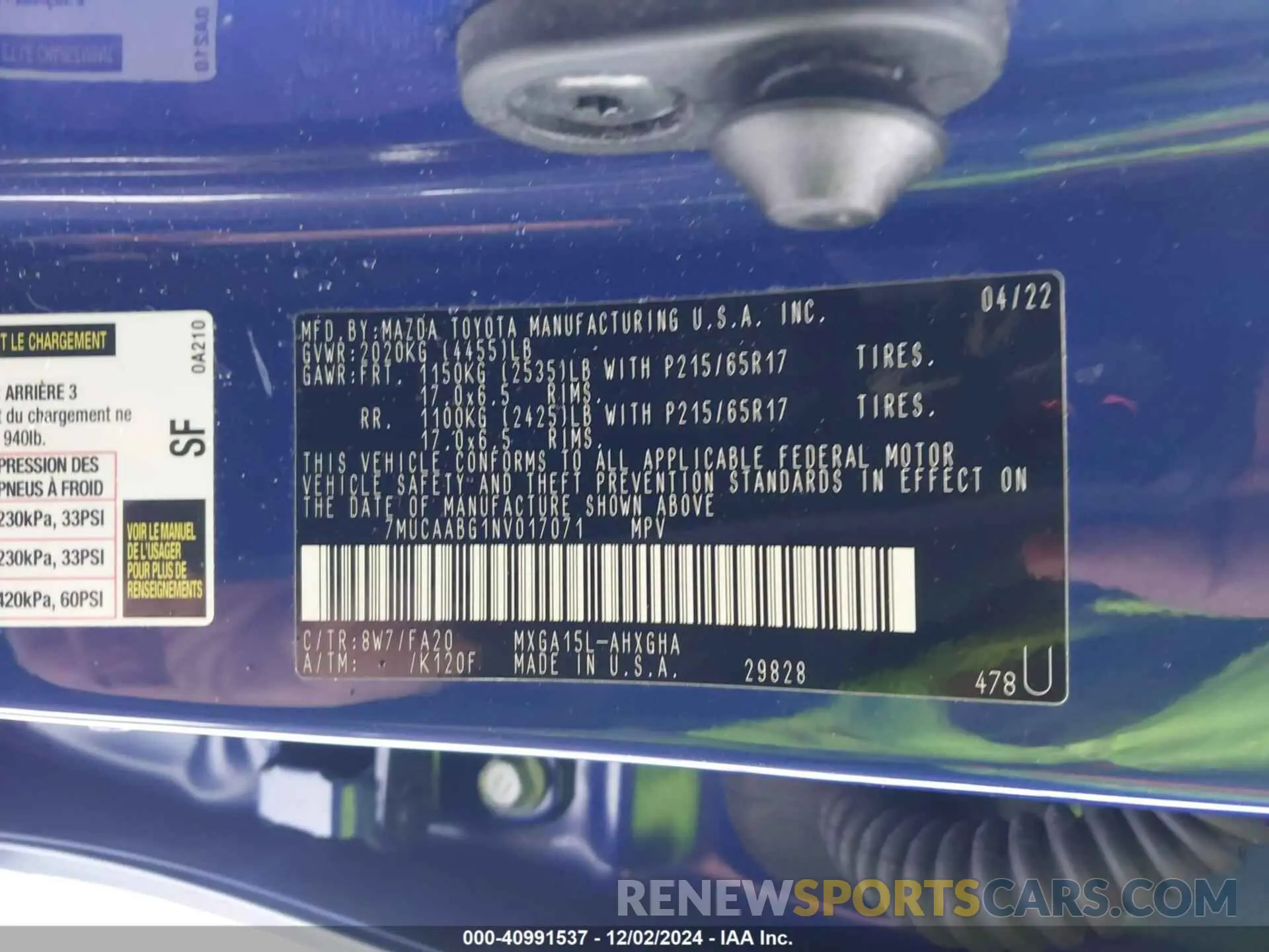 9 fotografías del automóvil dañado 7MUCAABG1NV017071 TOYOTA COROLLA CROSS 2022
