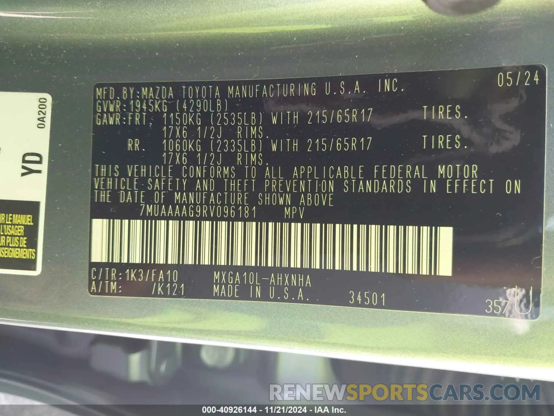 9 fotografías del automóvil dañado 7MUAAAAG9RV096181 TOYOTA COROLLA CROSS 2024