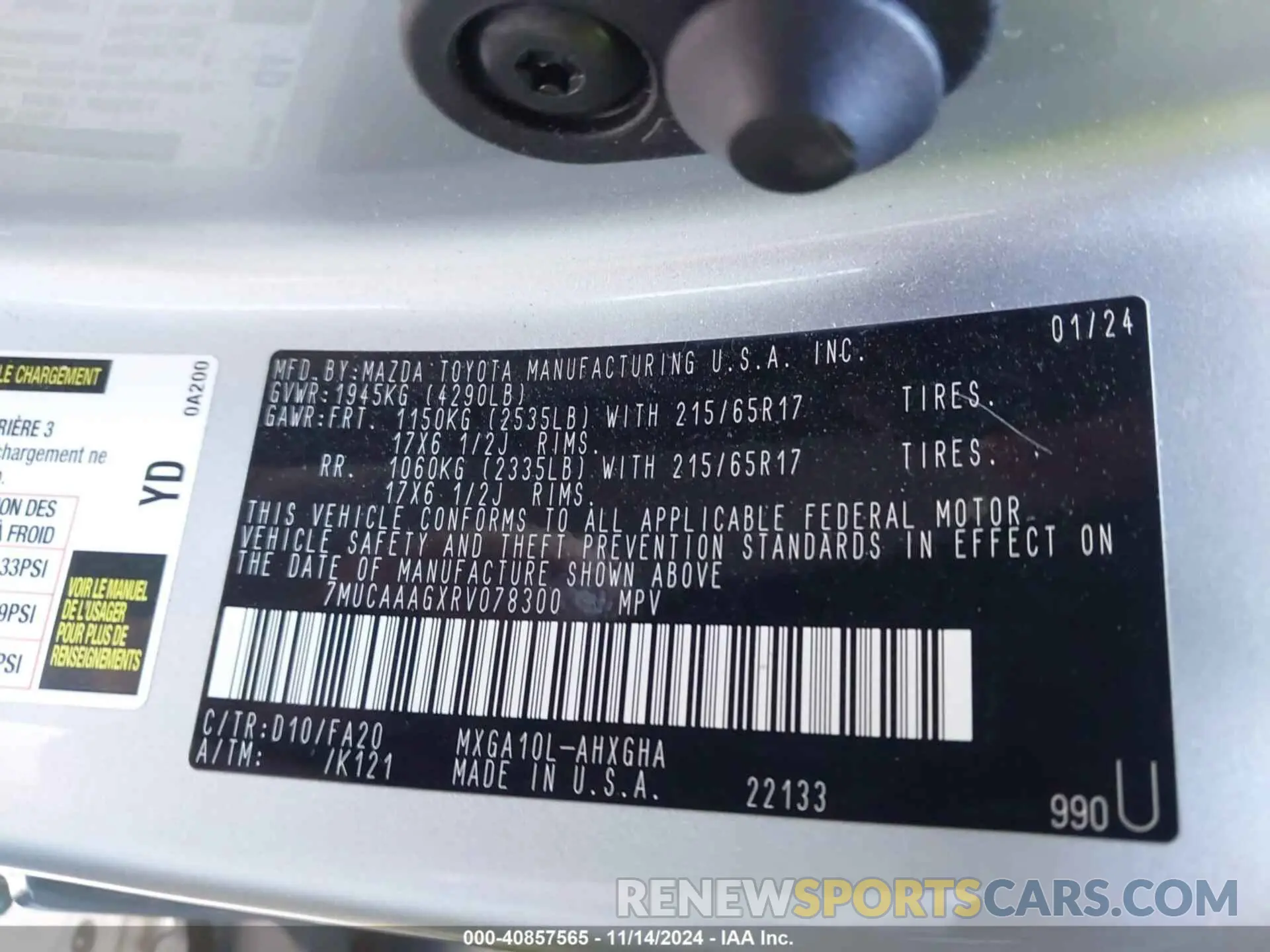 9 fotografías del automóvil dañado 7MUCAAAGXRV078300 TOYOTA COROLLA CROSS 2024