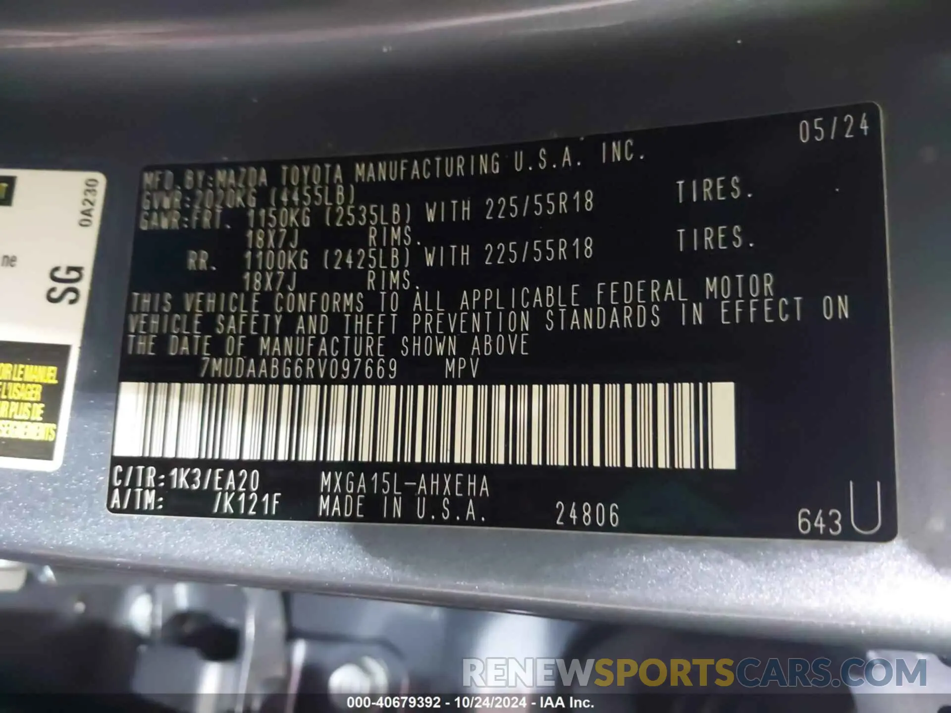 9 fotografías del automóvil dañado 7MUDAABG6RV097669 TOYOTA COROLLA CROSS 2024