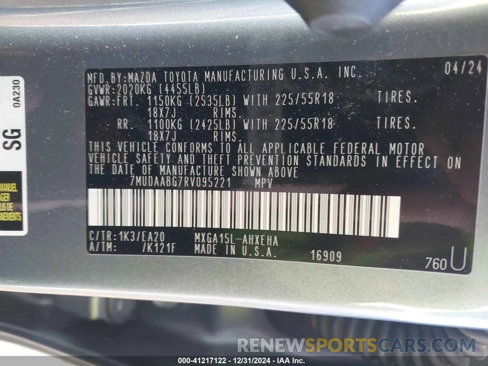 9 fotografías del automóvil dañado 7MUDAABG7RV095221 TOYOTA COROLLA CROSS 2024