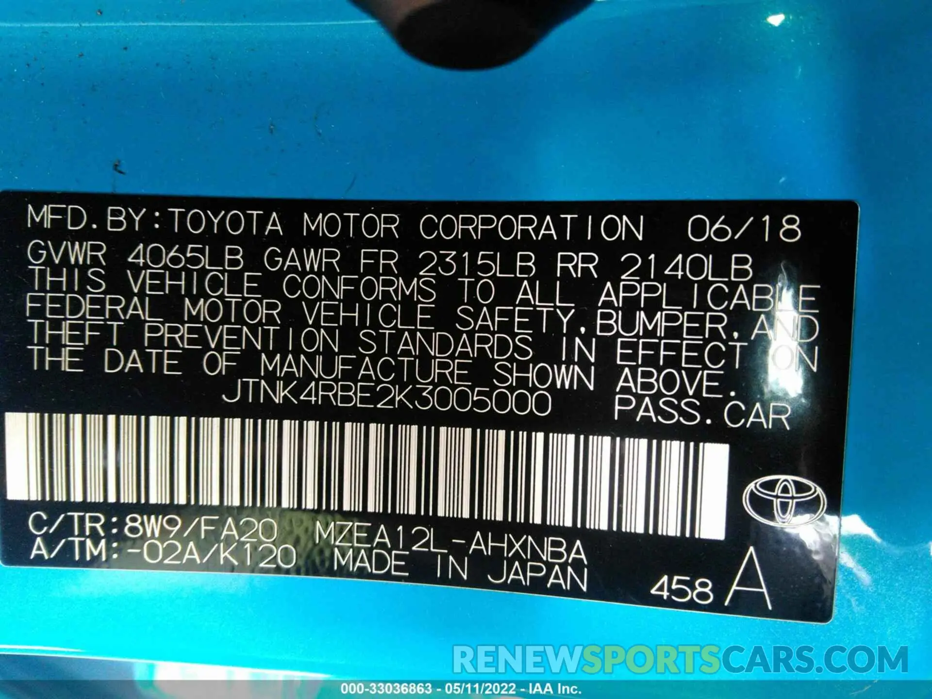 9 fotografías del automóvil dañado JTNK4RBE2K3005000 TOYOTA COROLLA HATCHBACK 2019